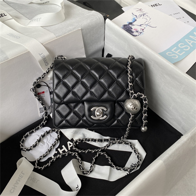 Cha.nel Super Mini Flap Bag Lambskin With Ball Silver Tone Metal Black AS1786