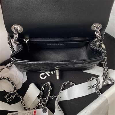 Cha.nel Super Mini Flap Bag Lambskin With Ball Silver Tone Metal Black AS1786