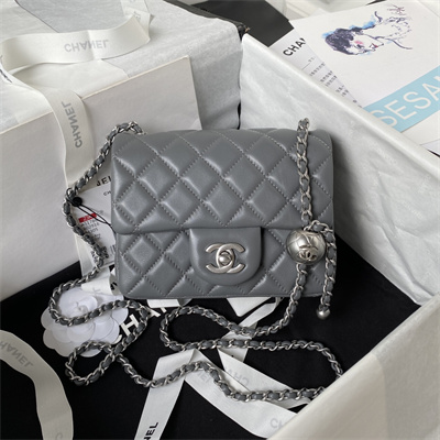 Cha.nel Super Mini Flap Bag Lambskin With Ball Silver Tone Metal Dark Grey AS1786