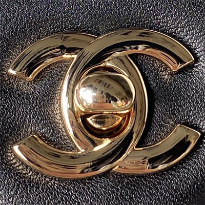 Cha.nel Super Mini Flap Bag Lambskin Football Gold Tone Metal Black AS1786