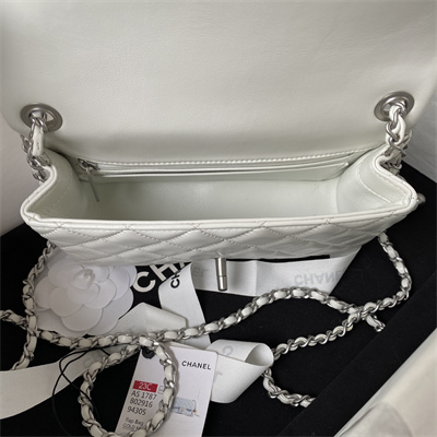 Cha.nel Mini Flap Bag Lambskin With Ball Silver Tone Metal White AS1787