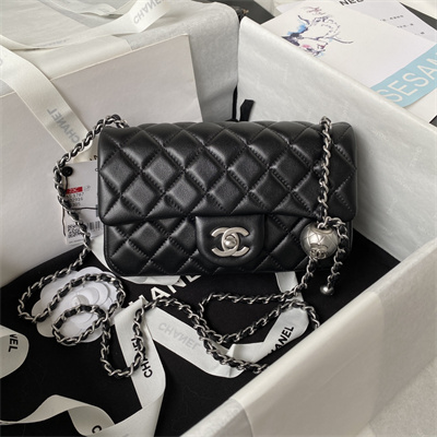 Cha.nel Mini Flap Bag Lambskin With Ball Silver Tone Metal Black AS1787