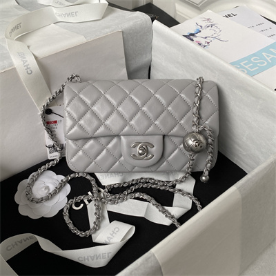 Cha.nel Mini Flap Bag Lambskin With Ball Silver Tone Metal Lt Grey AS1787
