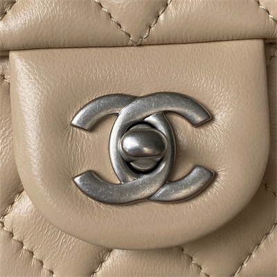 Cha.nel Mini Flap Bag Lambskin With Ball Silver Tone Metal Beige AS1787