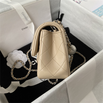 Cha.nel Mini Flap Bag Lambskin With Ball Silver Tone Metal Beige AS1787