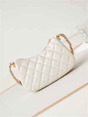 Cha.nel Mini Hobo Bag Aged Calfskin Gold Tone Metal White AS3647