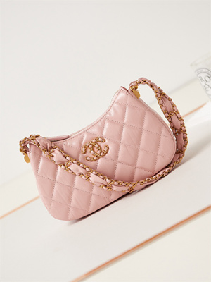 Cha.nel Mini Hobo Bag Aged Calfskin Gold Tone Metal Pink AS3647