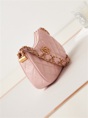 Cha.nel Mini Hobo Bag Aged Calfskin Gold Tone Metal Pink AS3647