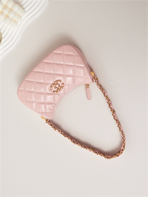 Cha.nel Mini Hobo Bag Aged Calfskin Gold Tone Metal Pink AS3647