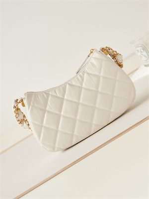 Cha.nel Hobo Bag Aged Calfskin Gold Tone Metal White AS4422