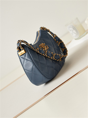 Cha.nel Hobo Bag Aged Calfskin Gold Tone Metal Navy AS4422
