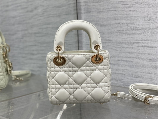 CD Micro Lady Di.or Bag Cannage Lambskin Gold Tone Metal White
