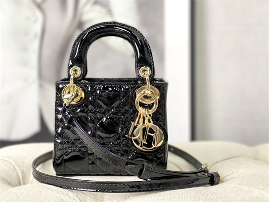 CD Micro Lady Di.or Bag Patent Cannage Calfskin Gold Tone Metal Black