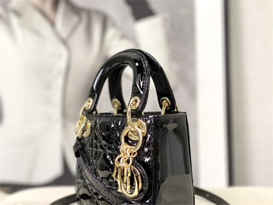 CD Micro Lady Di.or Bag Patent Cannage Calfskin Gold Tone Metal Black