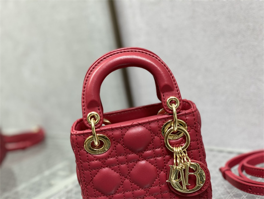 CD Micro Lady Di.or Bag Cannage Lambskin Gold Tone Metal Red