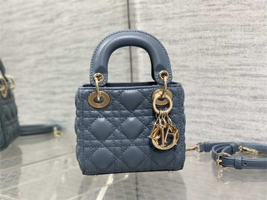 CD Micro Lady Di.or Bag Cannage Lambskin Gold Tone Metal Cloud Blue