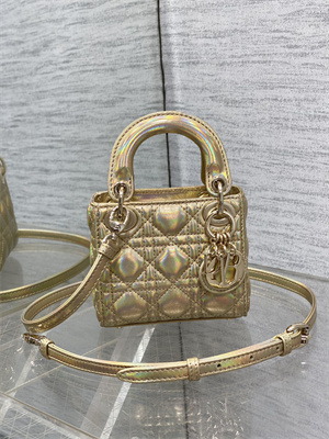 CD Micro Lady Di.or Bag Cannage Lambskin Gold Tone Metal Champagne Gold
