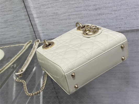 CD Mini Lady Di.or Bag Patent Cannage Calfskin  Gold Tone Metal White