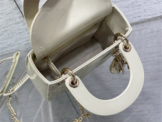 CD Mini Lady Di.or Bag Patent Cannage Calfskin  Gold Tone Metal White