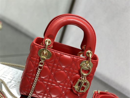 CD Mini Lady Di.or Bag Cannage Lambskin Gold Tone Metal Red