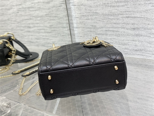 CD Mini Lady Di.or Bag Cannage Grained Calfskin Gold Tone Metal Black