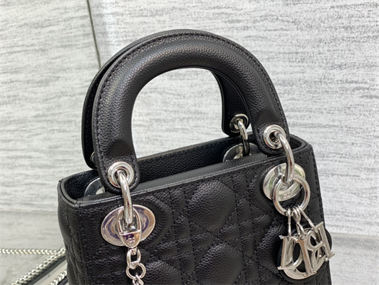 CD Mini Lady Di.or Bag Cannage Grained Calfskin Silver Tone Metal Black