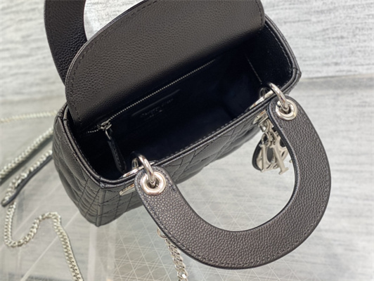 CD Mini Lady Di.or Bag Cannage Grained Calfskin Silver Tone Metal Black