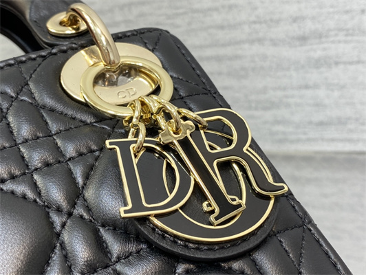 CD Mini Lady Di.or Bag Cannage Lambskin Enamel Charms Gold Tone Metal Black