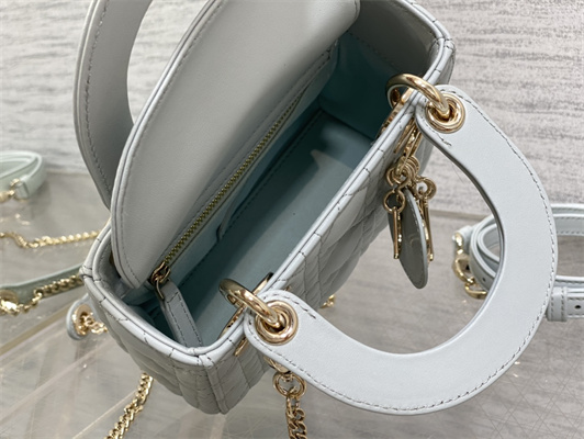 CD Mini Lady Di.or Bag Cannage Lambskin Gold Tone Metal Placid Blue