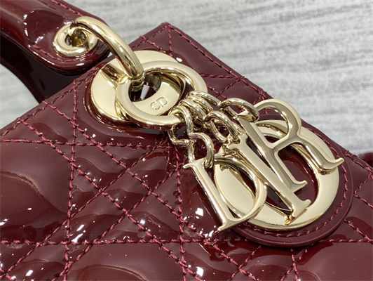 CD Mini Lady Di.or Bag Patent Cannage Calfskin Gold Tone Metal Burgundy