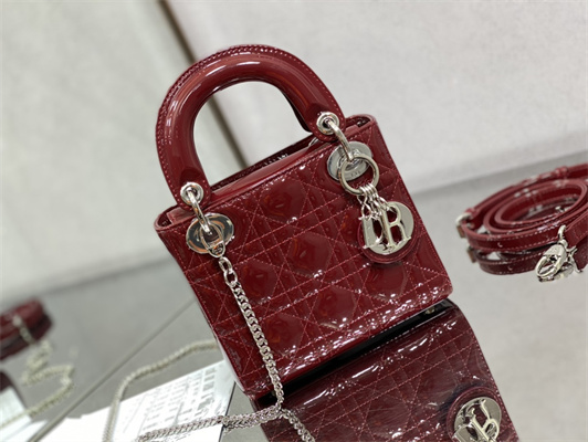 CD Mini Lady Di.or Bag Patent Cannage Calfskin Silver Tone Metal Burgundy