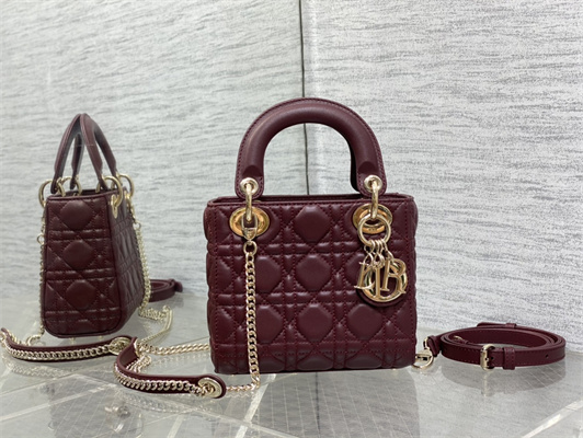 CD Mini Lady Di.or Bag Cannage Lambskin Gold Tone Metal Burgundy