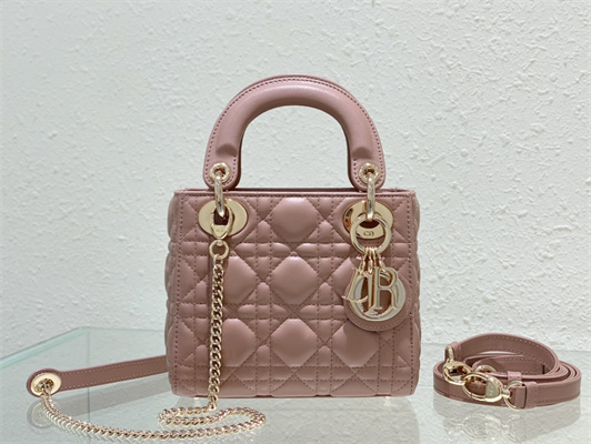 CD Mini Lady Di.or Bag Cannage Lambskin Gold Tone Metal Dusty Pink