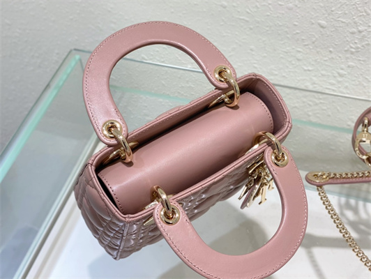 CD Mini Lady Di.or Bag Cannage Lambskin Gold Tone Metal Dusty Pink