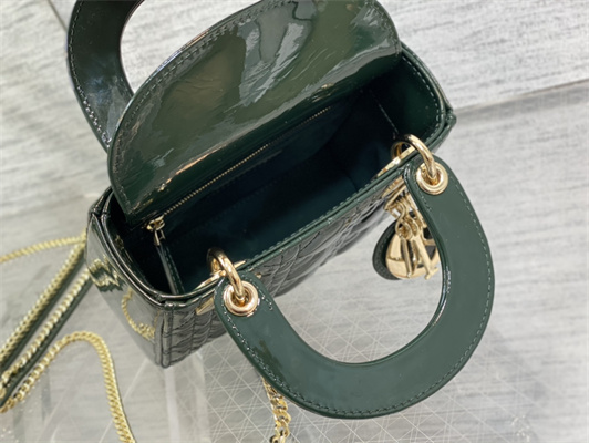 CD Mini Lady Di.or Bag Patent Cannage Calfskin Gold Tone Metal Dk Green