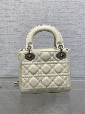 CD Mini Lady Di.or Bag Cannage Grained Calfskin Silver Tone Metal Cream