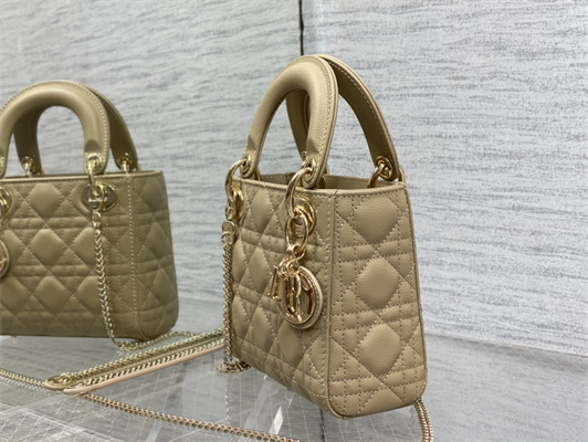 CD Mini Lady Di.or Bag Cannage Grained Calfskin Gold Tone Metal Beige