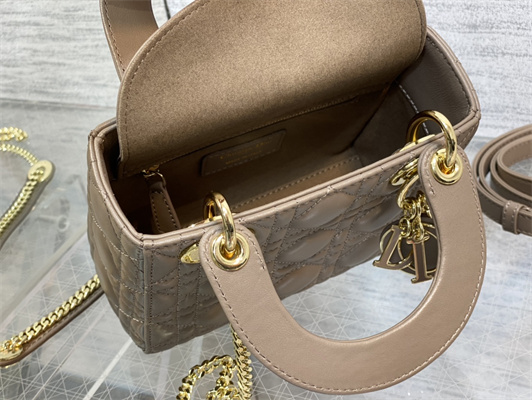 CD Mini Lady Di.or Bag Cannage Lambskin Enamel Charms Gold Tone Metal Warm Taupe