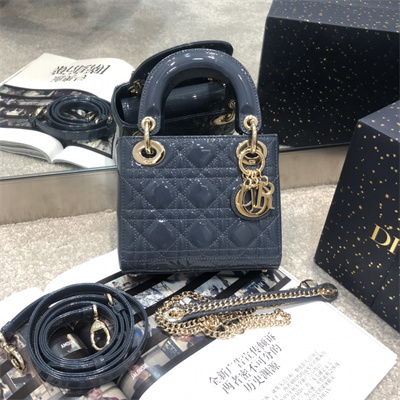 CD Mini Lady Di.or Bag Patent Cannage Calfskin Gold Tone Metal Dk Blue