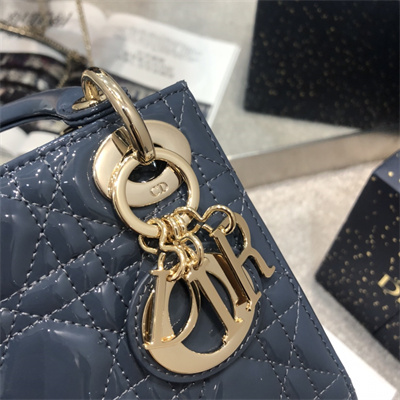 CD Mini Lady Di.or Bag Patent Cannage Calfskin Gold Tone Metal Dk Blue