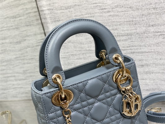 CD Mini Lady Di.or Bag Cannage Lambskin Gold Tone Metal Cloud Blue
