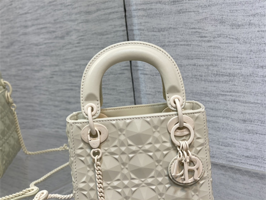 CD Mini Lady Di.or Bag Cannage Calfskin With Diamond Motif  White