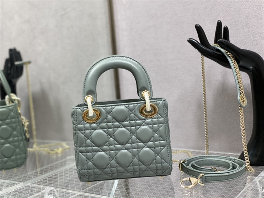 CD Mini Lady Di.or Bag Cannage Lambskin Enamel Charms Gold Tone Metal Stone Gray