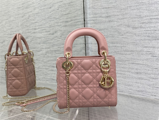 CD Mini Lady Di.or Bag Cannage Grained Calfskin Gold Tone Metal Pink