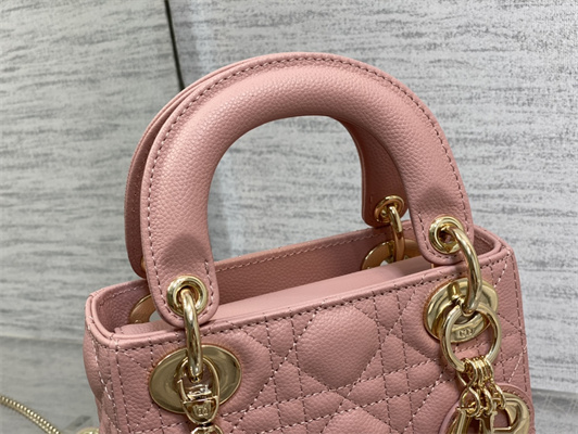 CD Mini Lady Di.or Bag Cannage Grained Calfskin Gold Tone Metal Pink