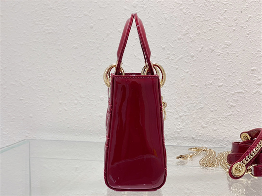 CD Mini Lady Di.or Bag Patent Cannage Calfskin Gold Tone Metal Cherry Red