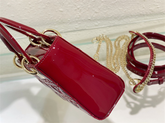 CD Mini Lady Di.or Bag Patent Cannage Calfskin Gold Tone Metal Cherry Red
