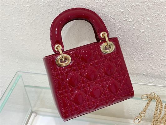 CD Mini Lady Di.or Bag Patent Cannage Calfskin Gold Tone Metal Cherry Red