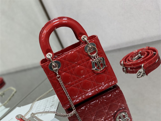 CD Mini Lady Di.or Bag Patent Cannage Calfskin Silver Tone Metal Cherry Red