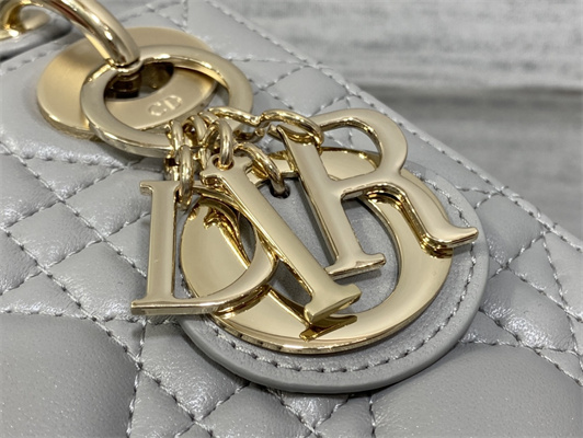 CD Mini Lady Di.or Bag Cannage Lambskin Gold Tone Metal Pearlescent Gray